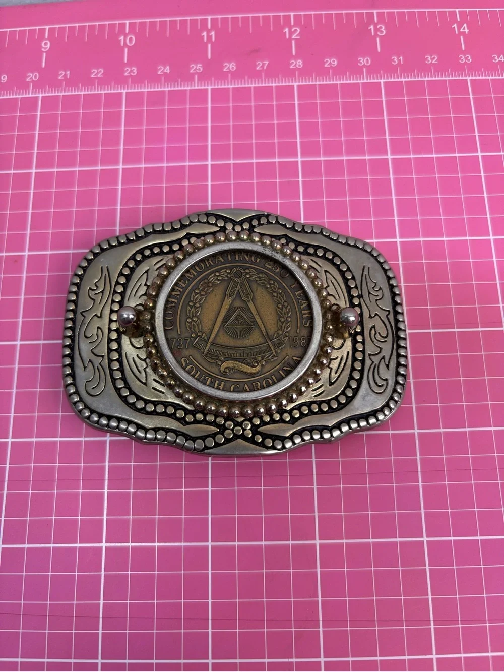 VTG Free Masons South Carolina Token Coin Belt Buckle 250 Anniversary 1737-1987